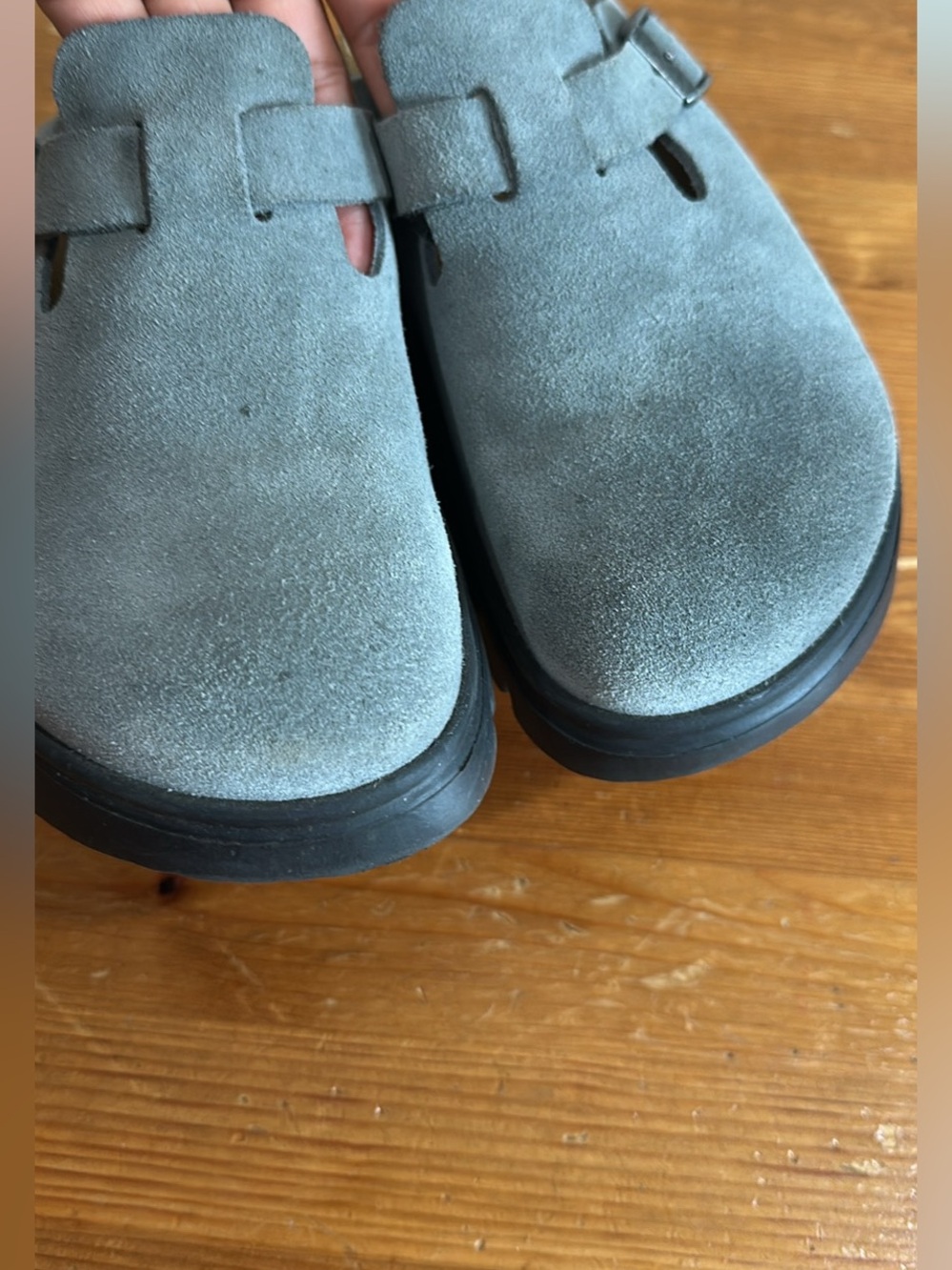 Papillio Gray Suede Buckle Clog Mule with Black Lug Sole - Picture 9 of 9